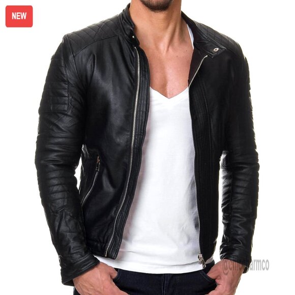 Vintage Lambskin Leather Biker Jacket Classic Motorcycle Style Men's Outerwear